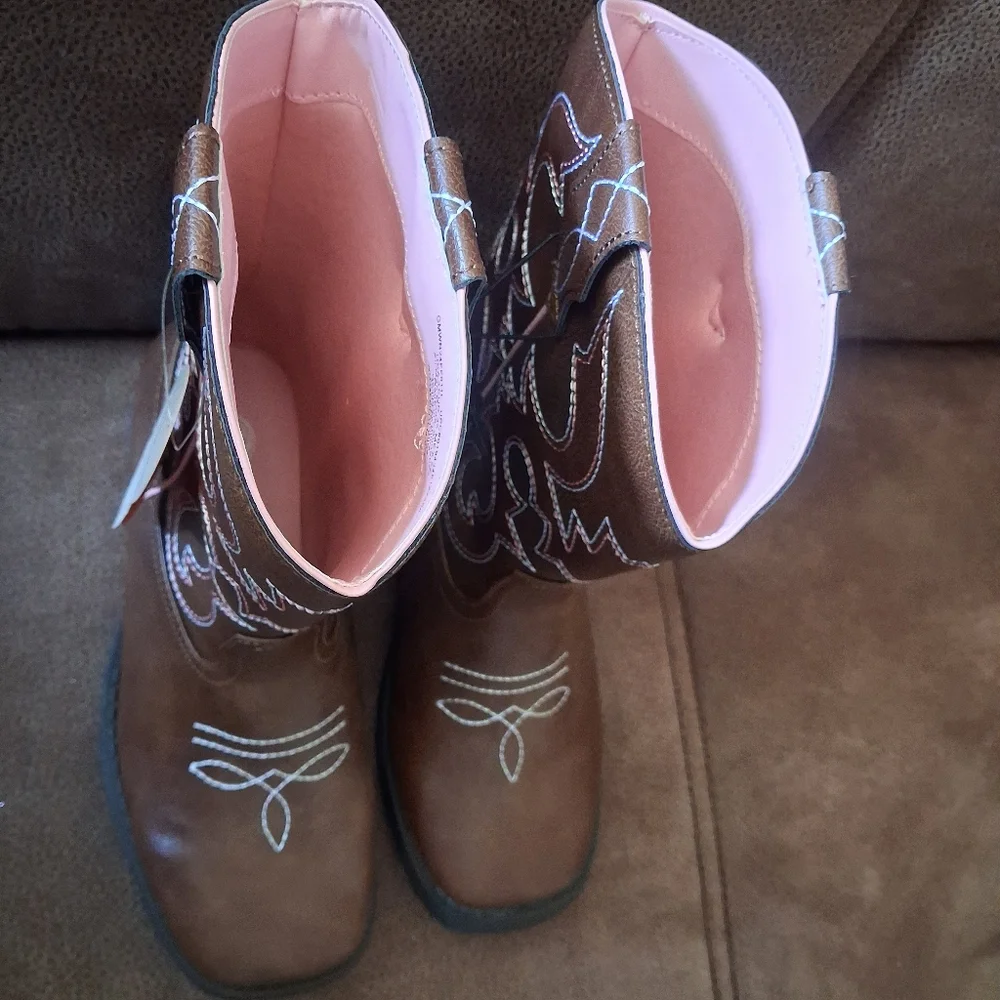 Wonder Nation Classic Brown Western Cowgirl Boots with Pink Trim Girls' Size 3